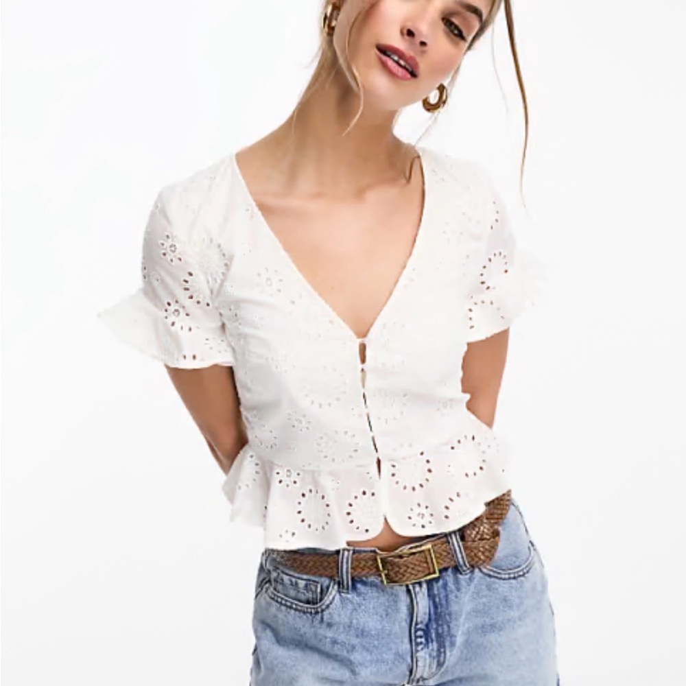 White Eyelet V-Neck Peplum Top NWT
